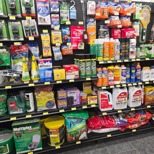 Lawn and garden supplies on display inside of Clintonville Hardware and Rental.