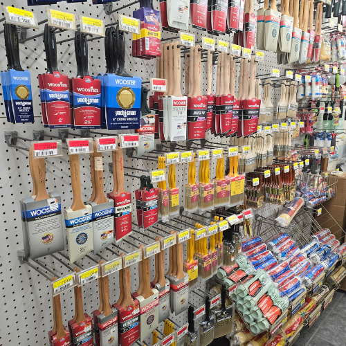 Paint supplies on display inside of Clintonville Hardware and Rental.