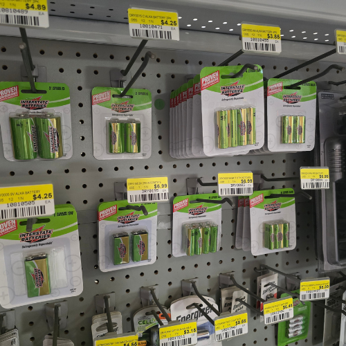 Interstate batteries and supplies on display inside of Clintonville Hardware and Rental.
