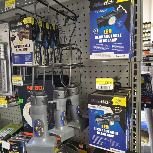 Home flashlights and supplies on display inside of Clintonville Hardware and Rental.