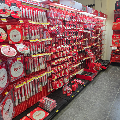 Milwaukee tools and supplies on display inside of Clintonville Hardware and Rental.